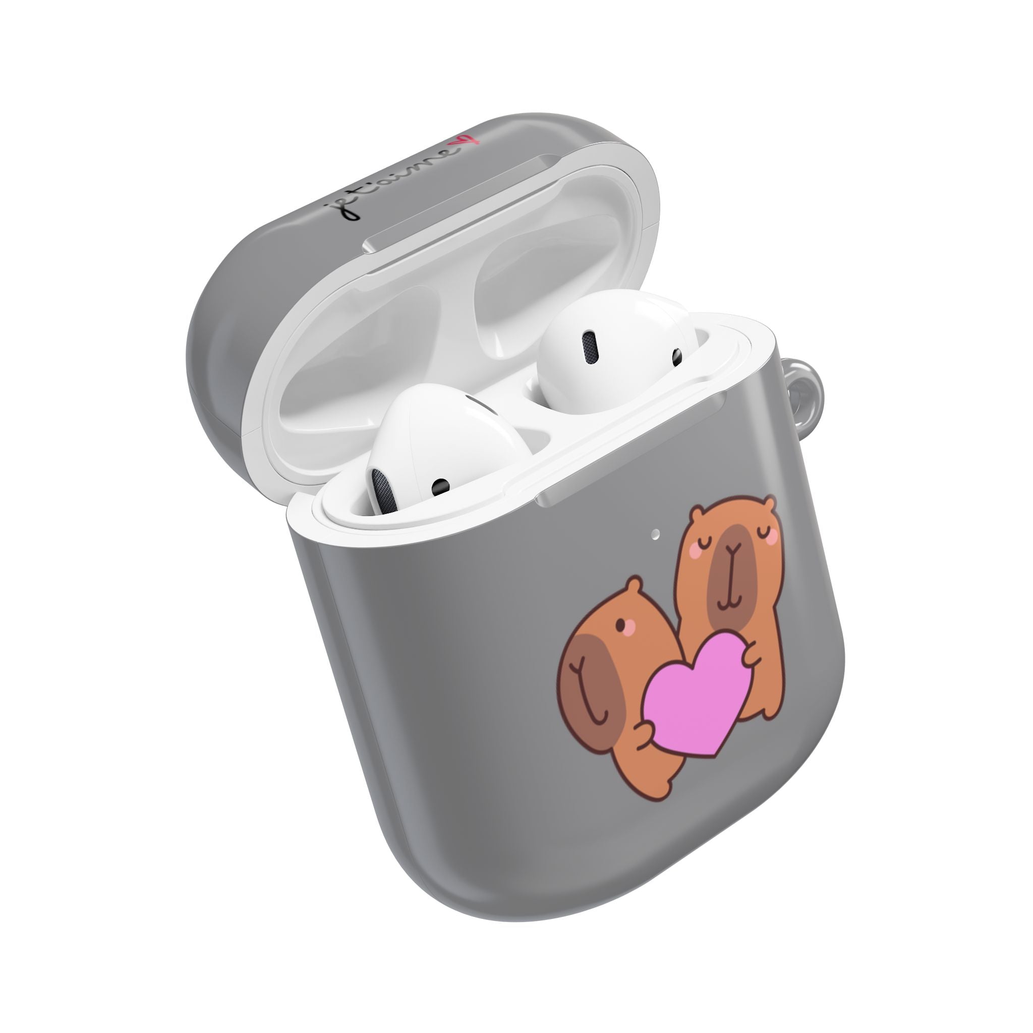 AirPods Case - Cute 'Je t'aime' Capybaras & Pink Heart / "Love Is Love"