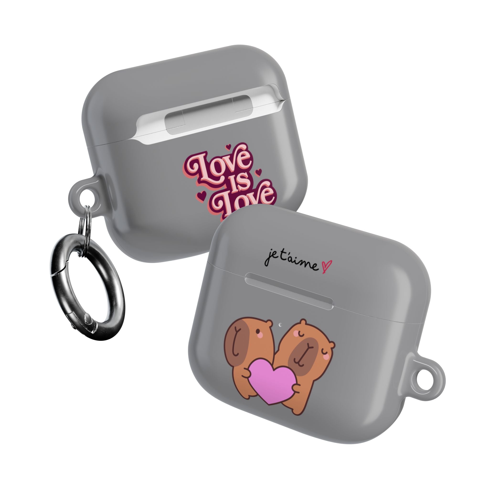 AirPods Case - Cute 'Je t'aime' Capybaras & Pink Heart / "Love Is Love"