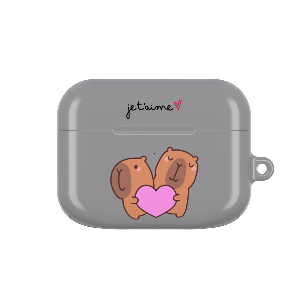 AirPods Case - Cute 'Je t'aime' Capybaras & Pink Heart / "Love Is Love"