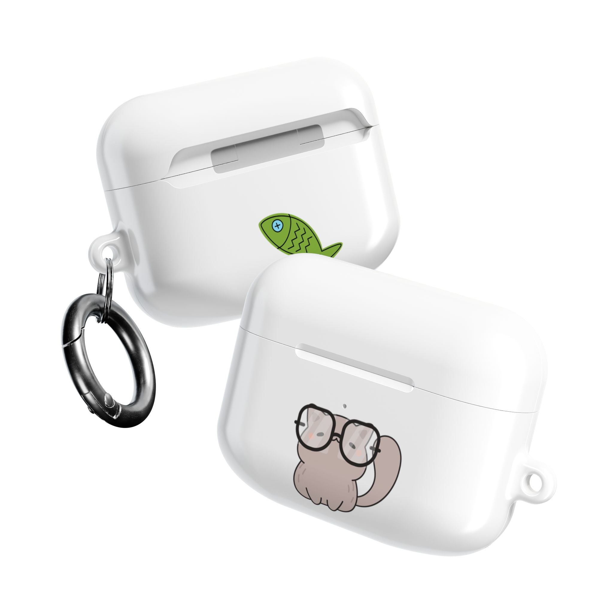 Cute Cat & Fish AirPod Case - Protective Cover with Nerdy Glasses Cat Design