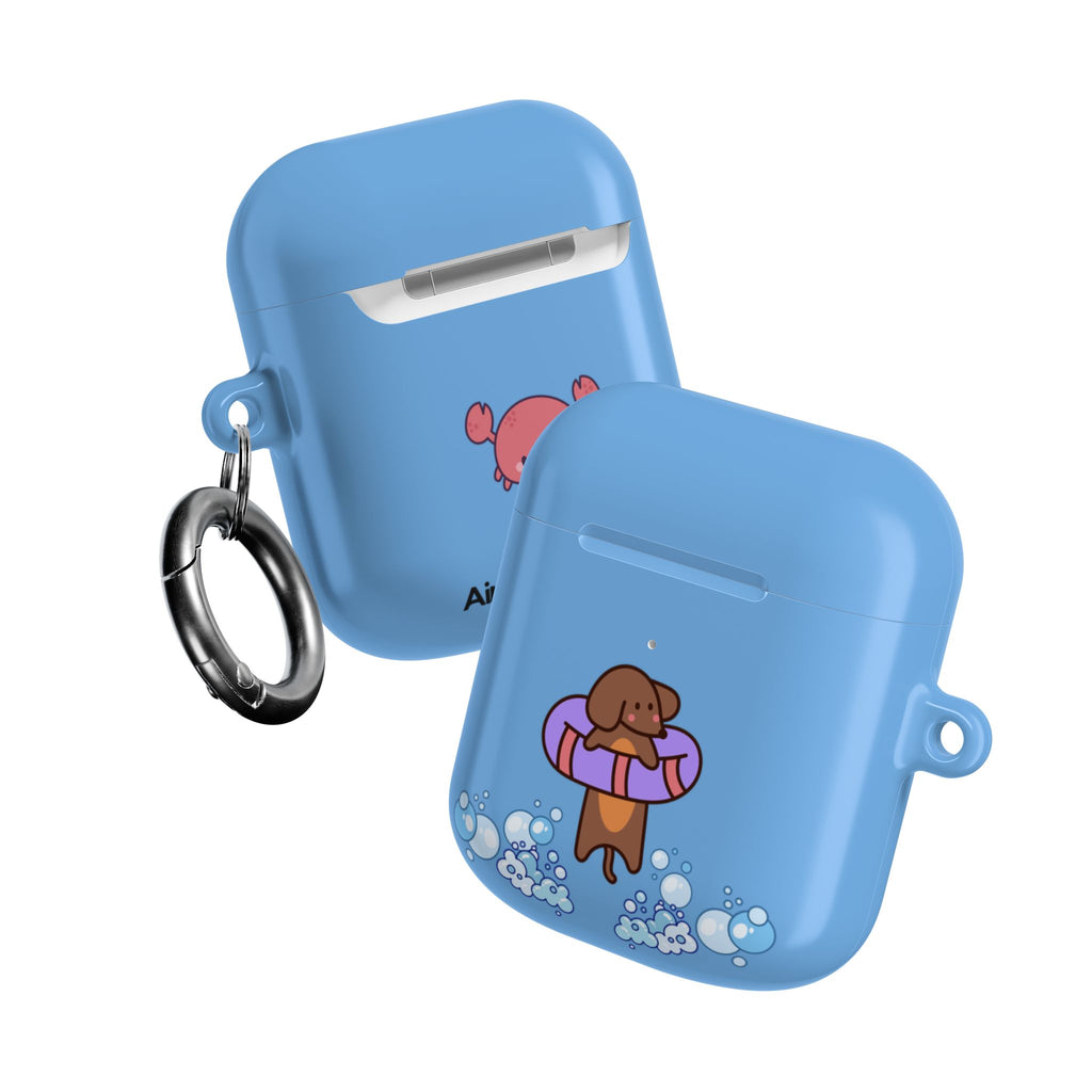 Cute Dachshund Dog & Crab Summer AirPod Case - Blue Beach Swim Float Design