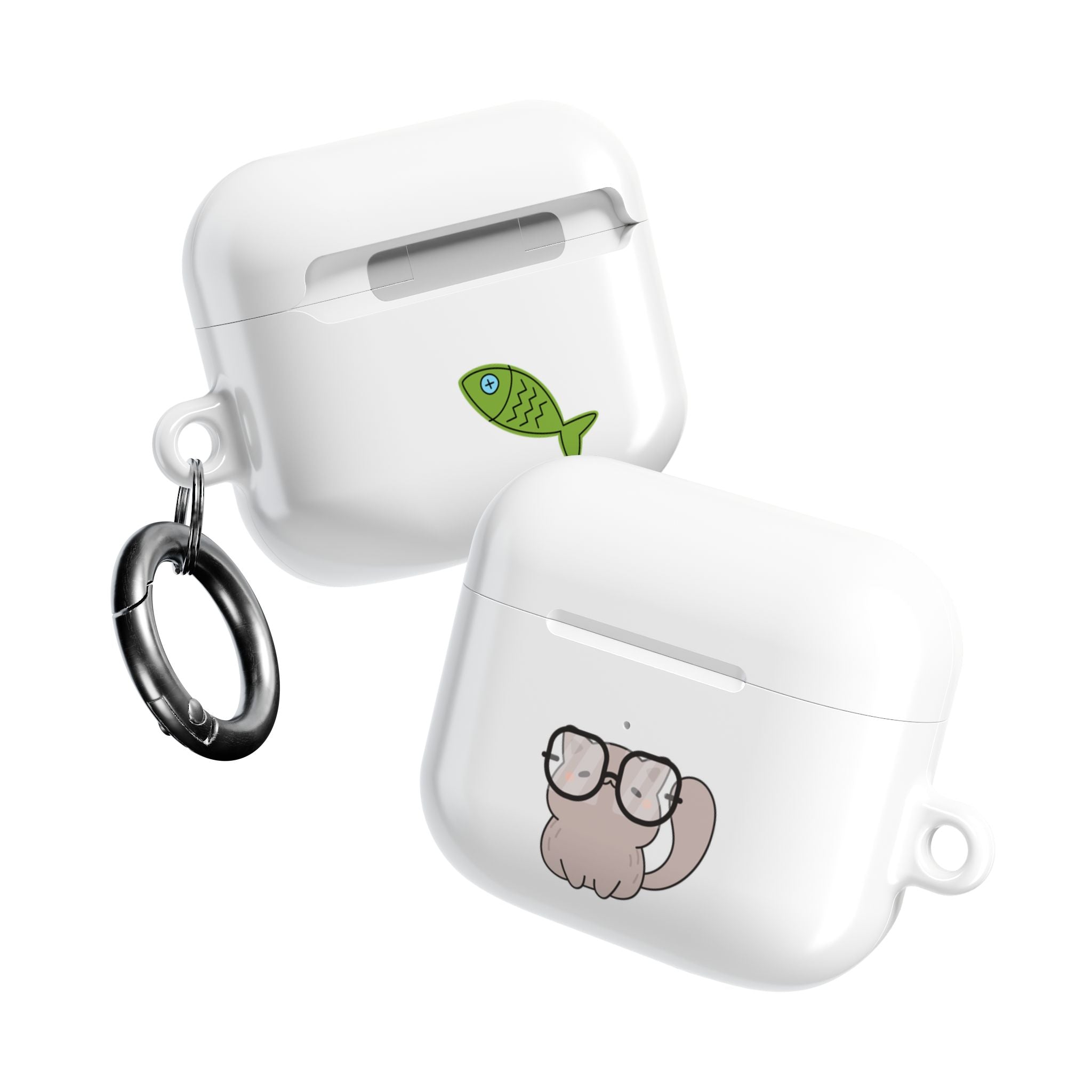 Cute Cat & Fish AirPod Case - Protective Cover with Nerdy Glasses Cat Design