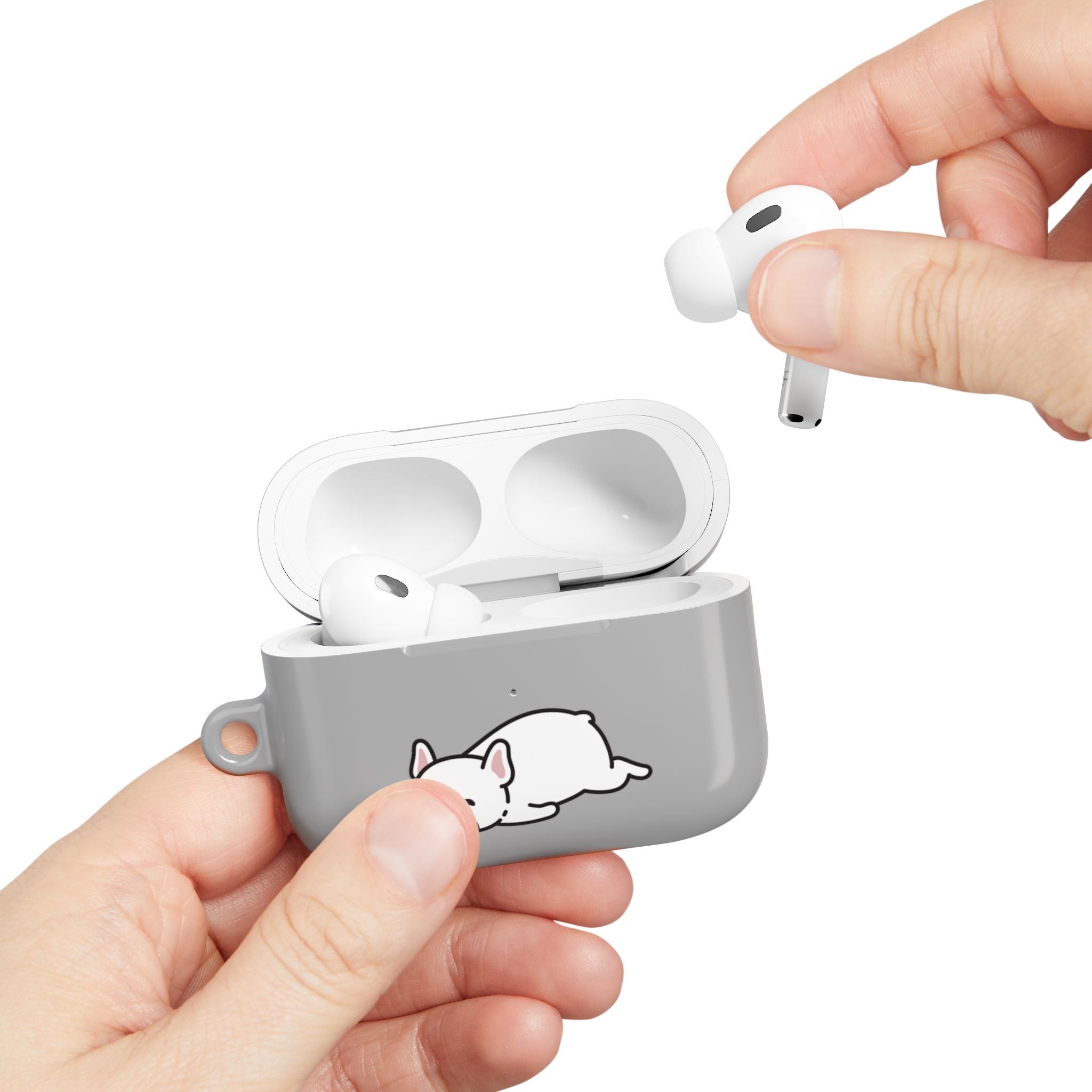 Grey AirPods Case with a Snoozing Bulldog
