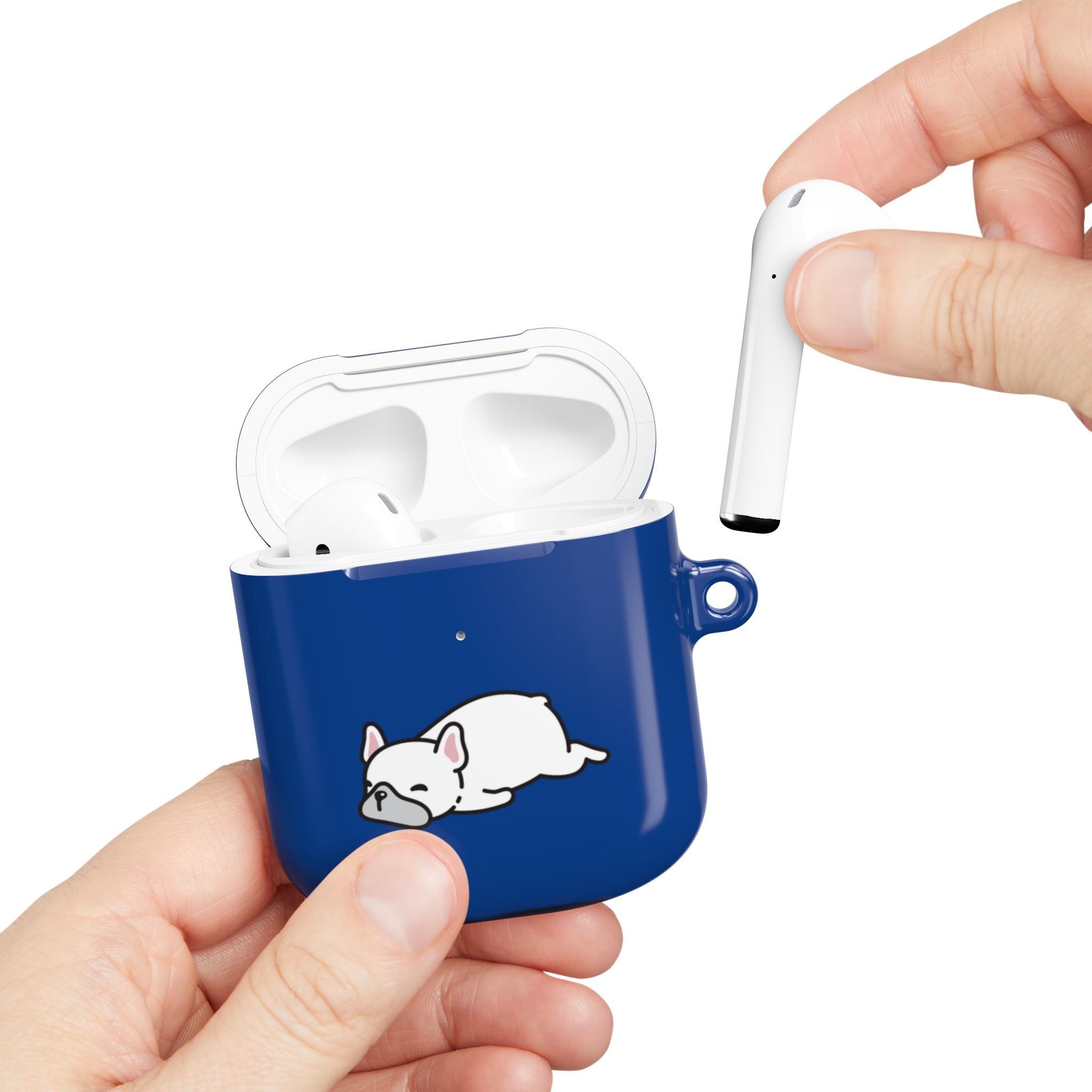 Blue AirPods Case with a Snoozing Bulldog