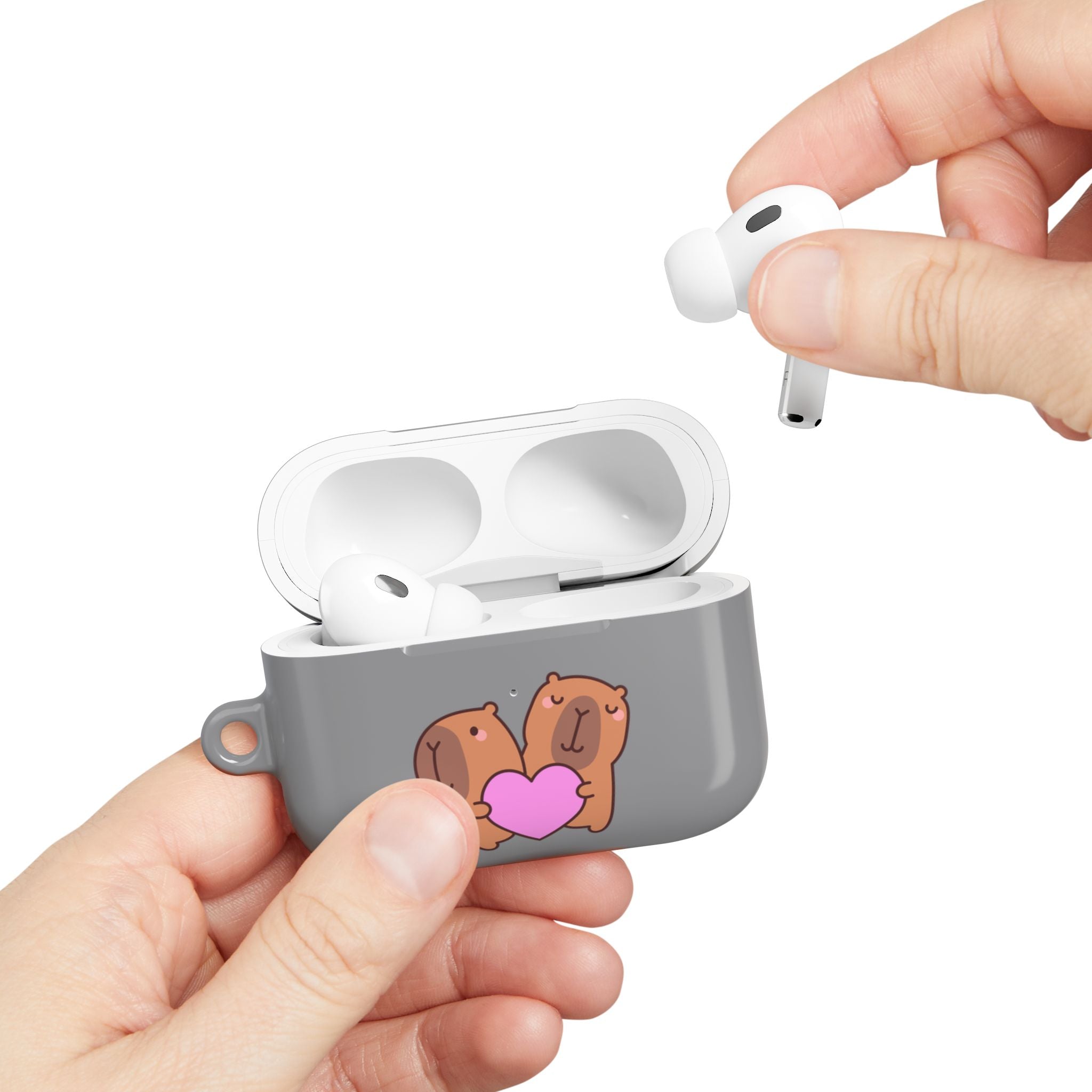 AirPods Case - Cute 'Je t'aime' Capybaras & Pink Heart / "Love Is Love"