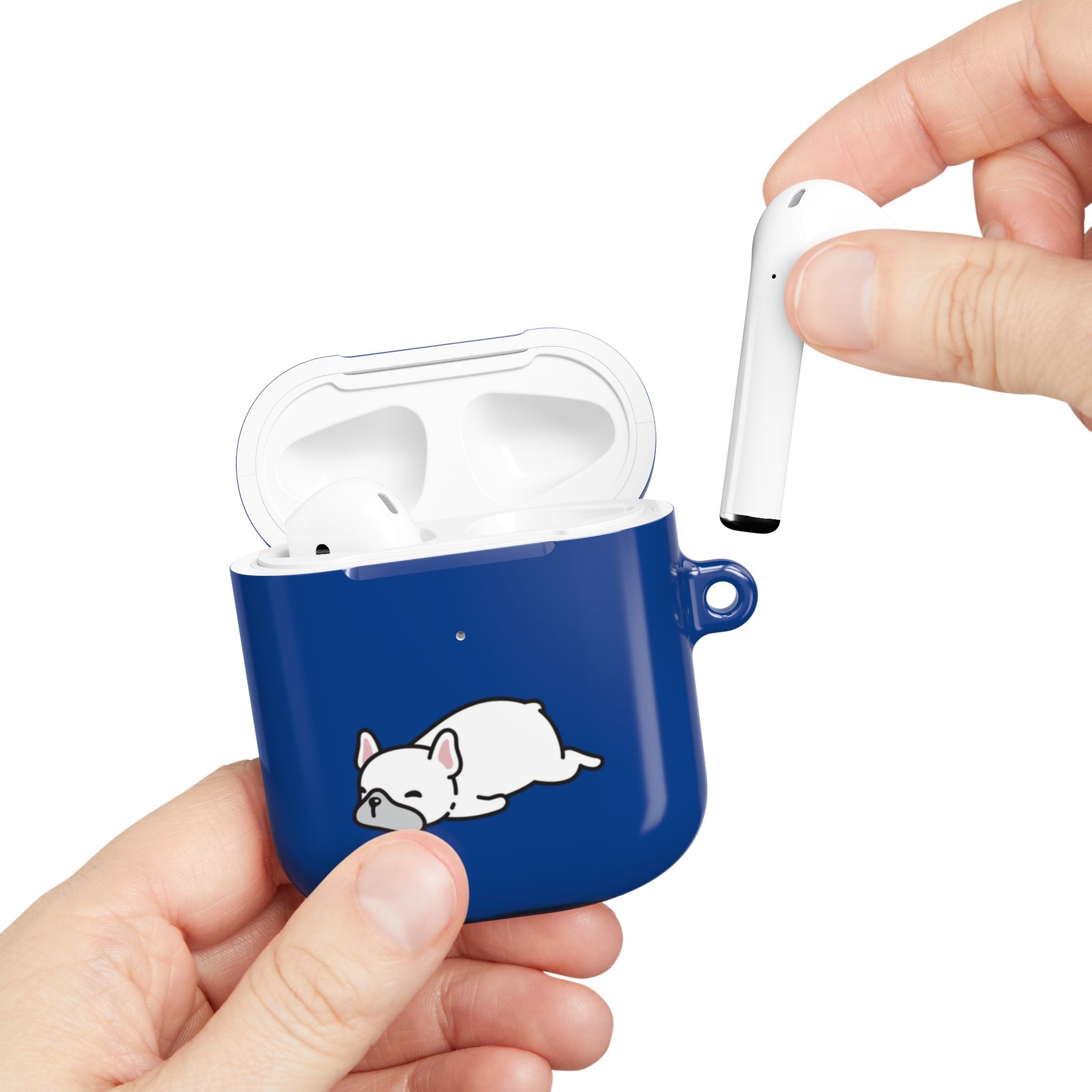 Blue AirPods Case with a Snoozing Bulldog
