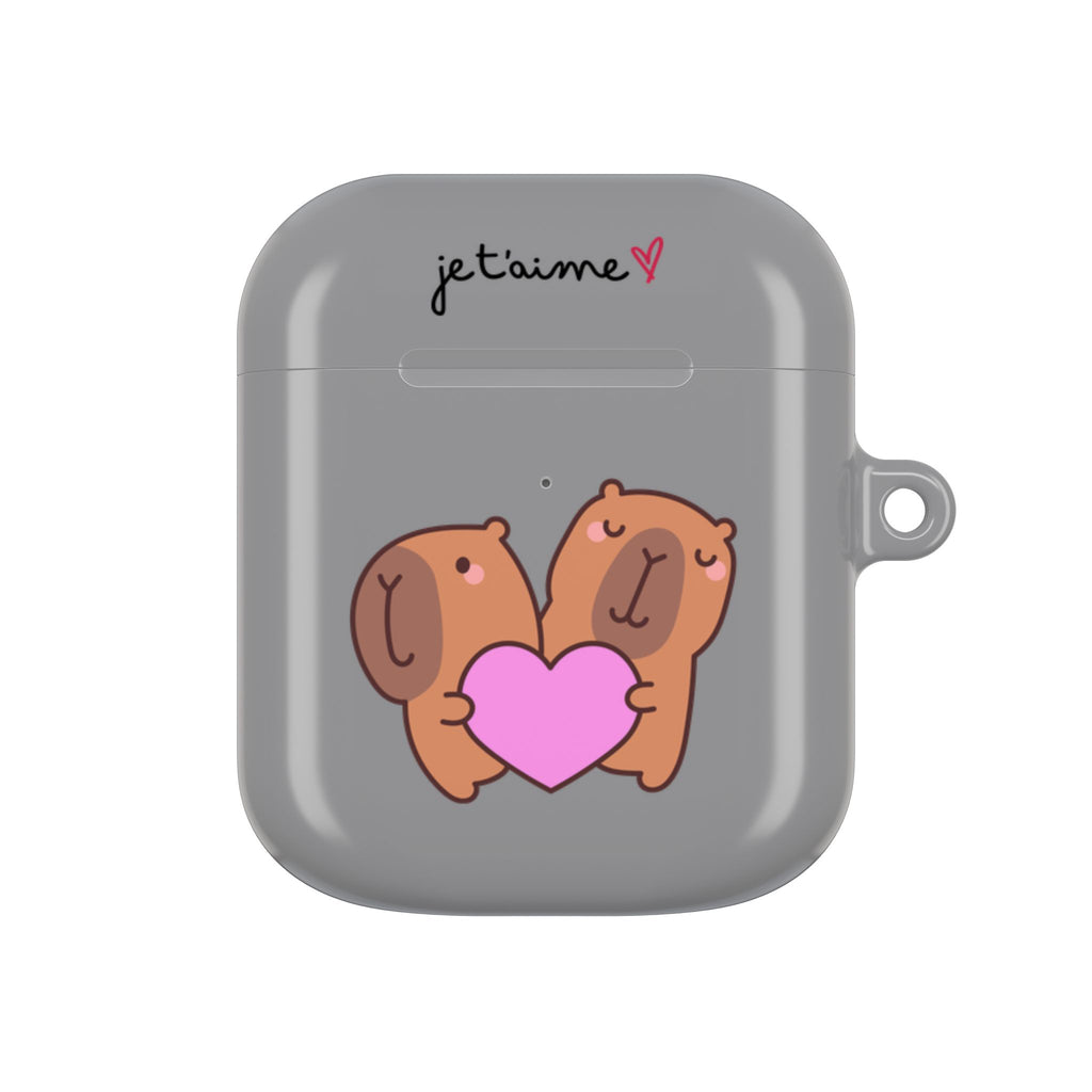 AirPods Case - Cute 'Je t'aime' Capybaras & Pink Heart / "Love Is Love"