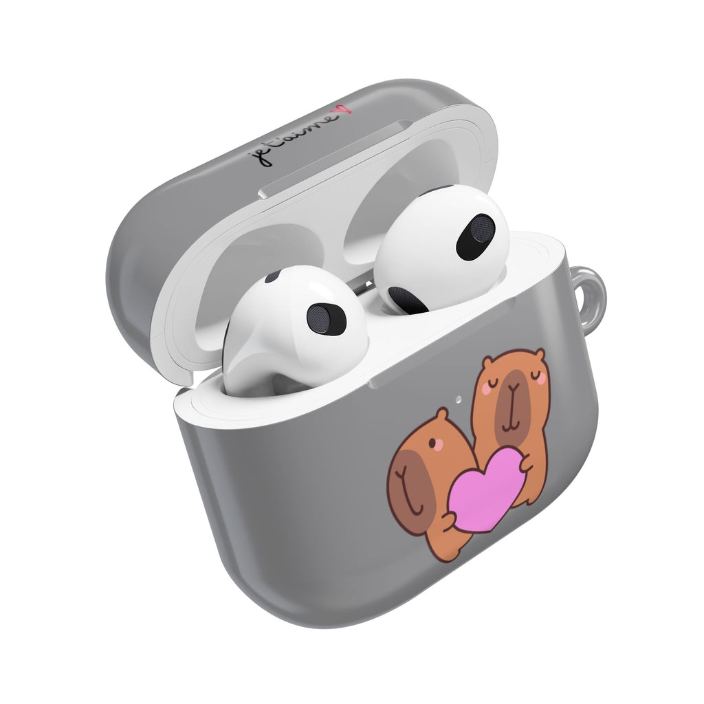 AirPods Case - Cute 'Je t'aime' Capybaras & Pink Heart / "Love Is Love"
