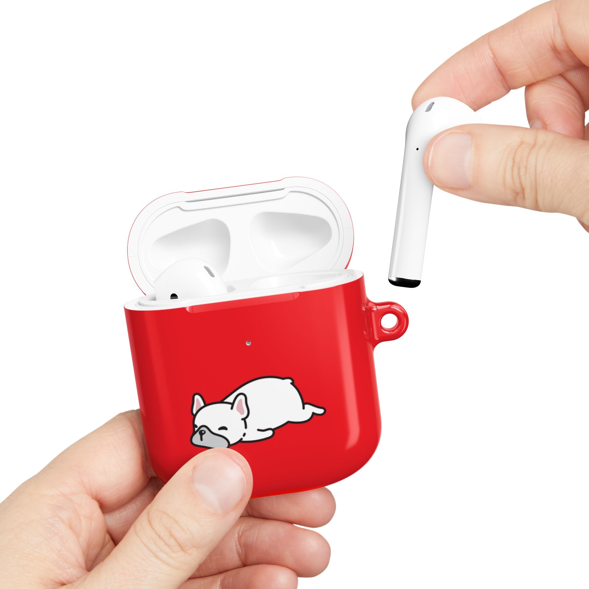 Red AirPods Case with a Snoozing Bulldog