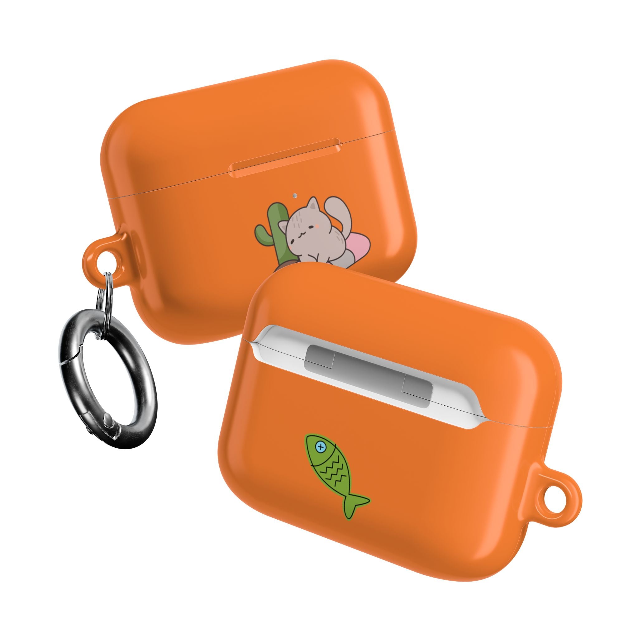 Cute Cat & Fish AirPod Case - Orange Protective Earbud Cover