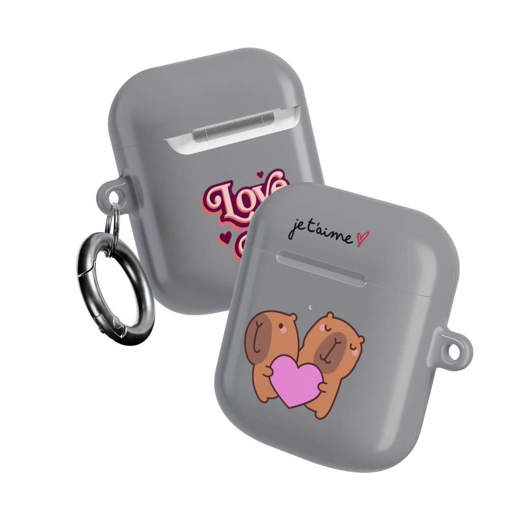 AirPods Case - Cute 'Je t'aime' Capybaras & Pink Heart / "Love Is Love"