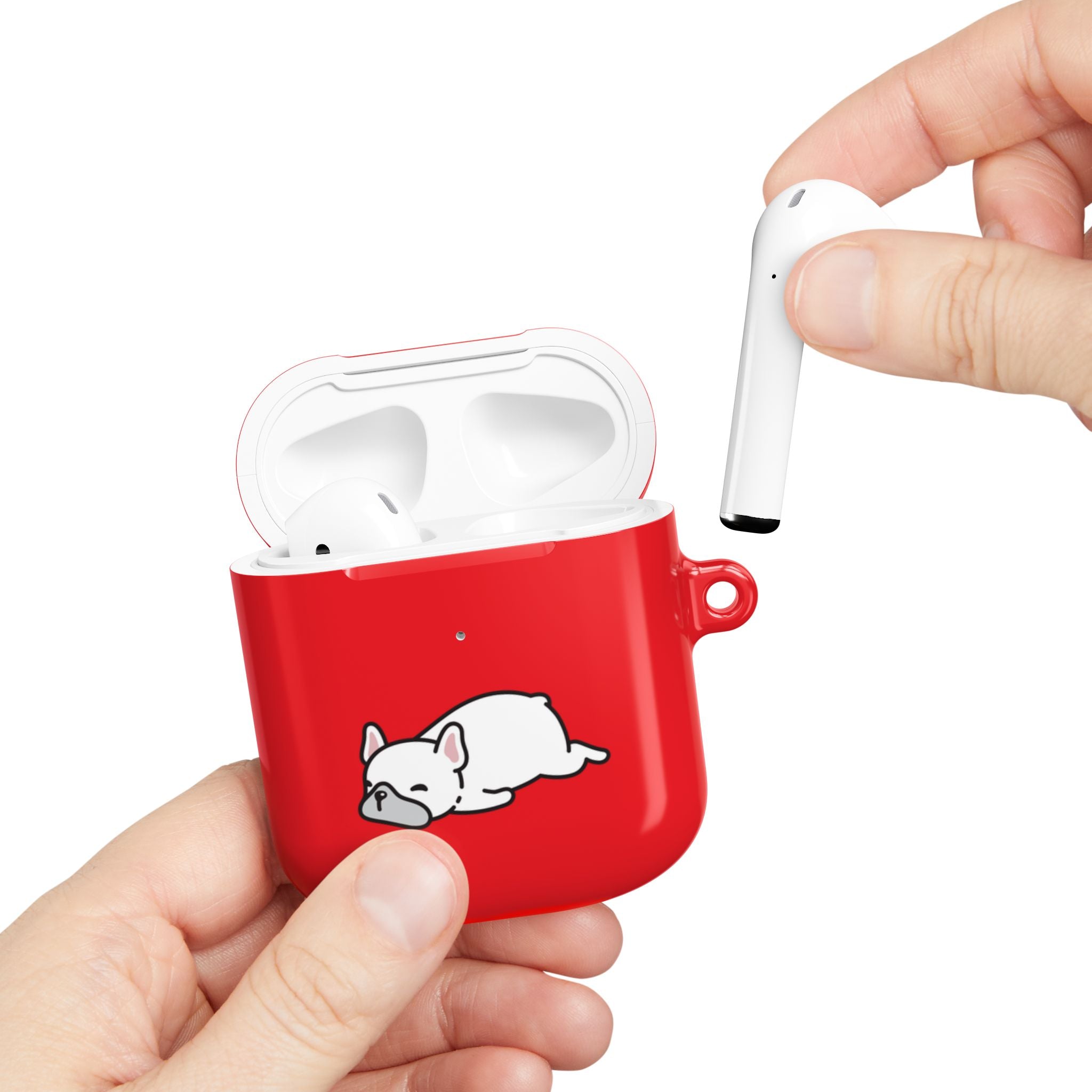 Red AirPods Case with a Snoozing Bulldog