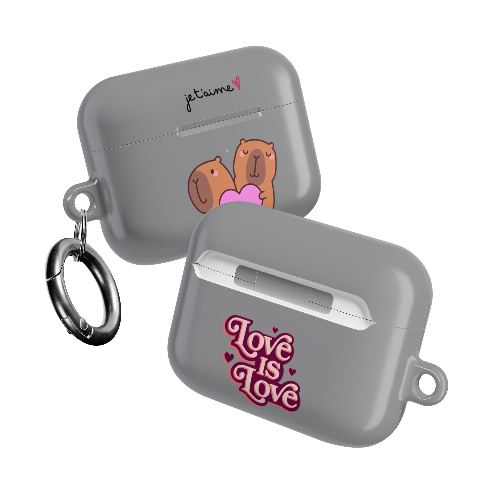 AirPods Case - Cute 'Je t'aime' Capybaras & Pink Heart / "Love Is Love"