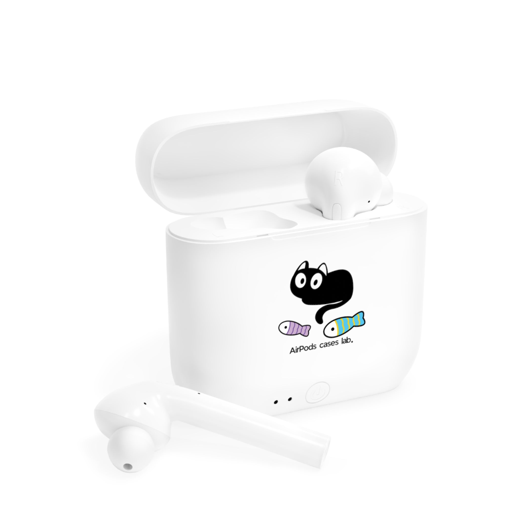 Black Cat and Fish White Earbuds