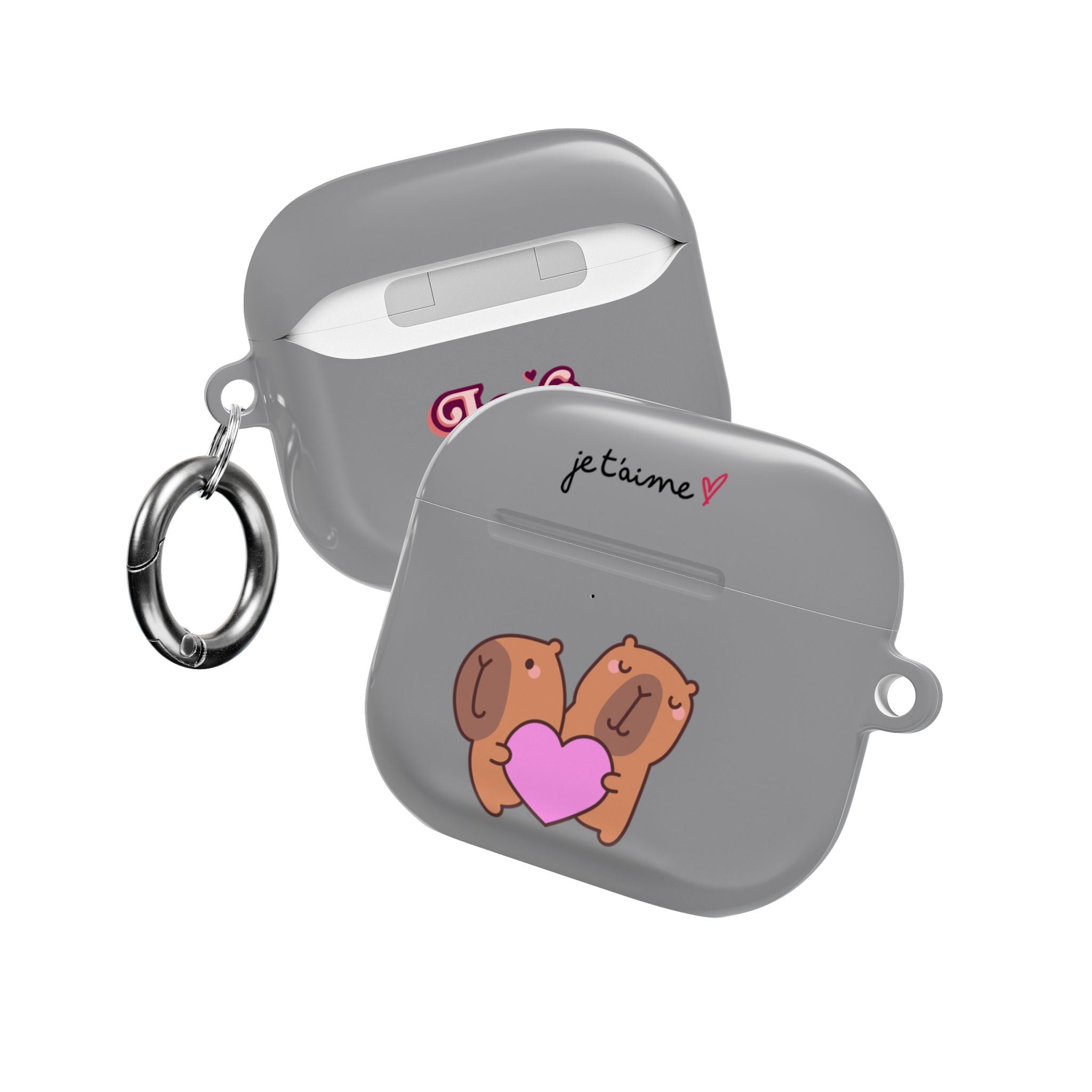 AirPods Case - Cute 'Je t'aime' Capybaras & Pink Heart / "Love Is Love"