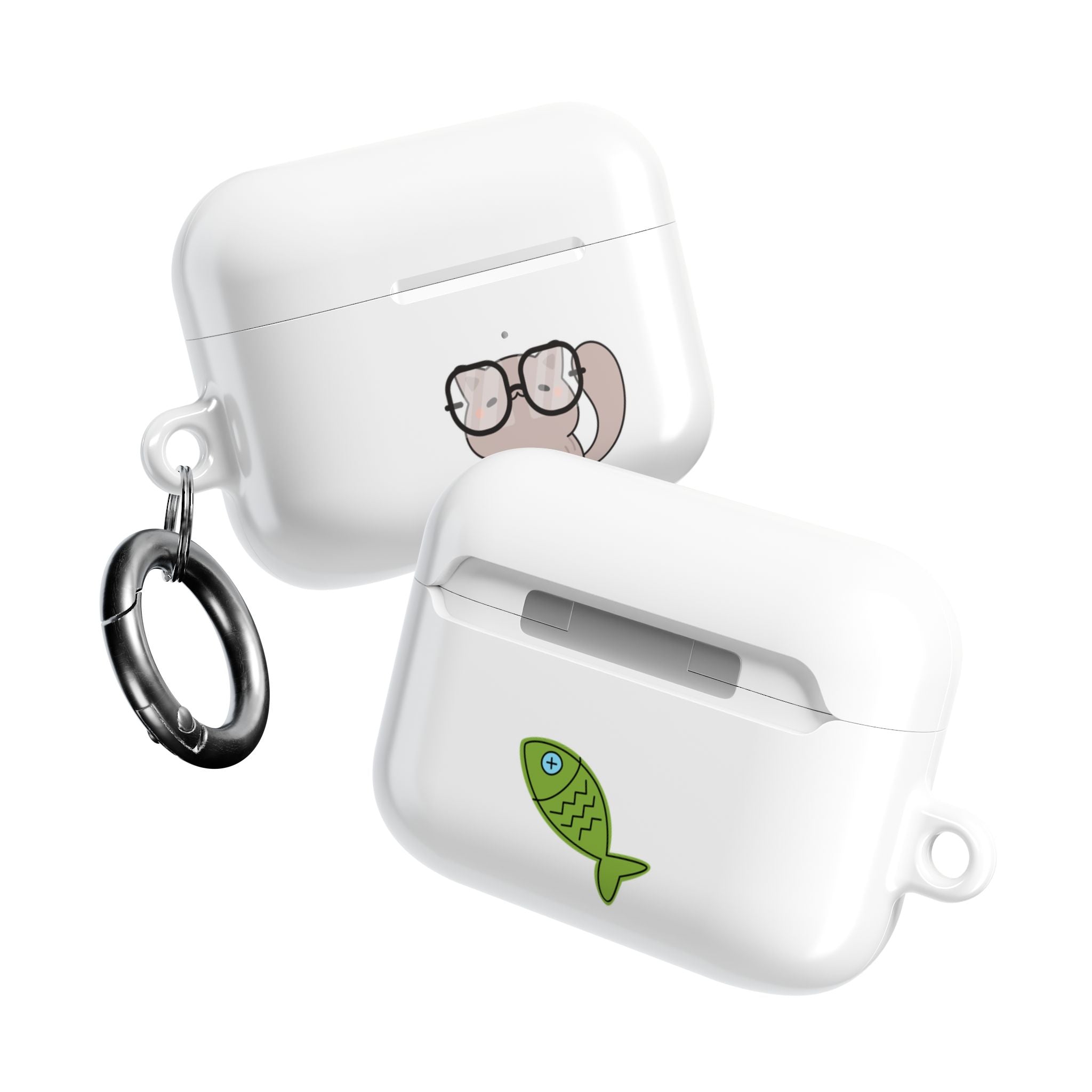 Cute Cat & Fish AirPod Case - Protective Cover with Nerdy Glasses Cat Design
