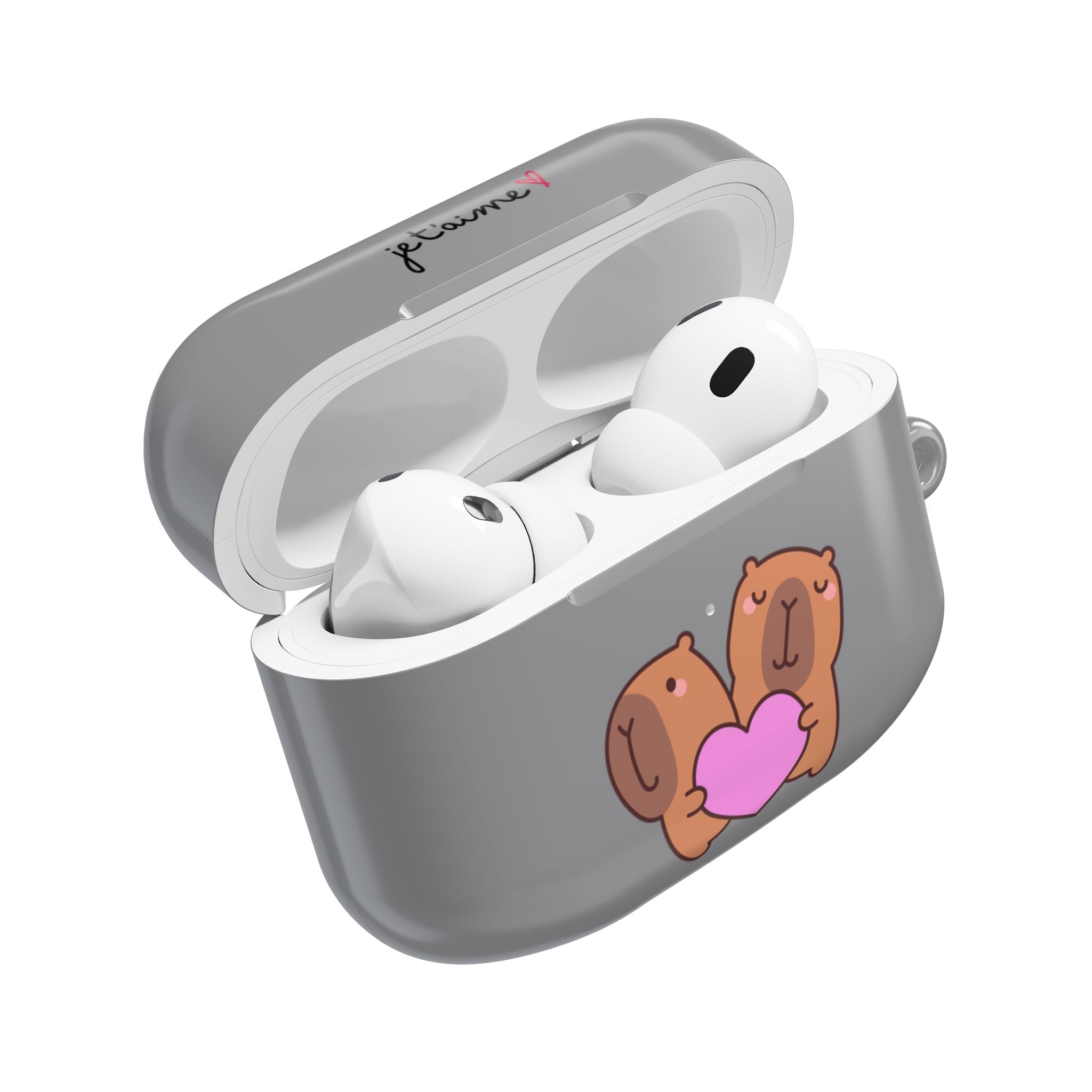 AirPods Case - Cute 'Je t'aime' Capybaras & Pink Heart / "Love Is Love"