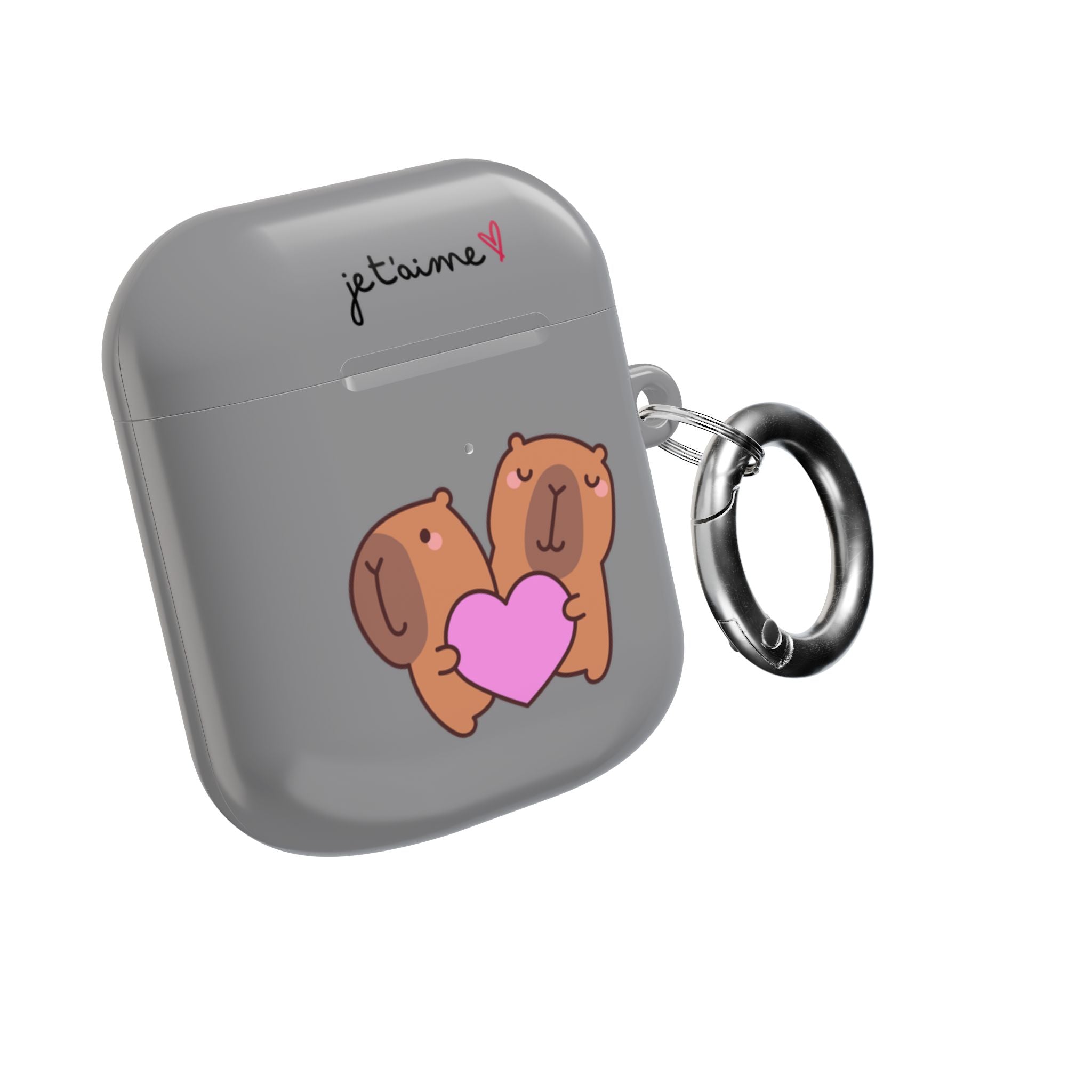 AirPods Case - Cute 'Je t'aime' Capybaras & Pink Heart / "Love Is Love"