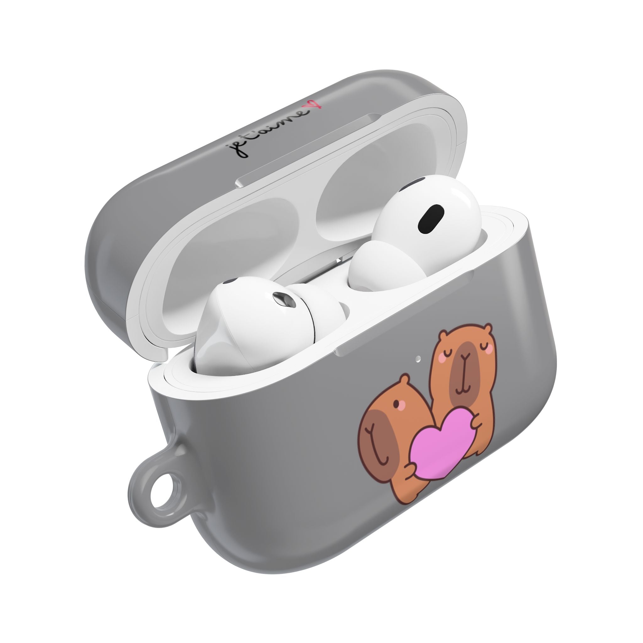 AirPods Case - Cute 'Je t'aime' Capybaras & Pink Heart / "Love Is Love"