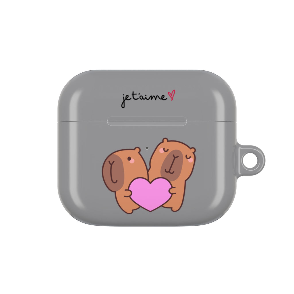 AirPods Case - Cute 'Je t'aime' Capybaras & Pink Heart / "Love Is Love"