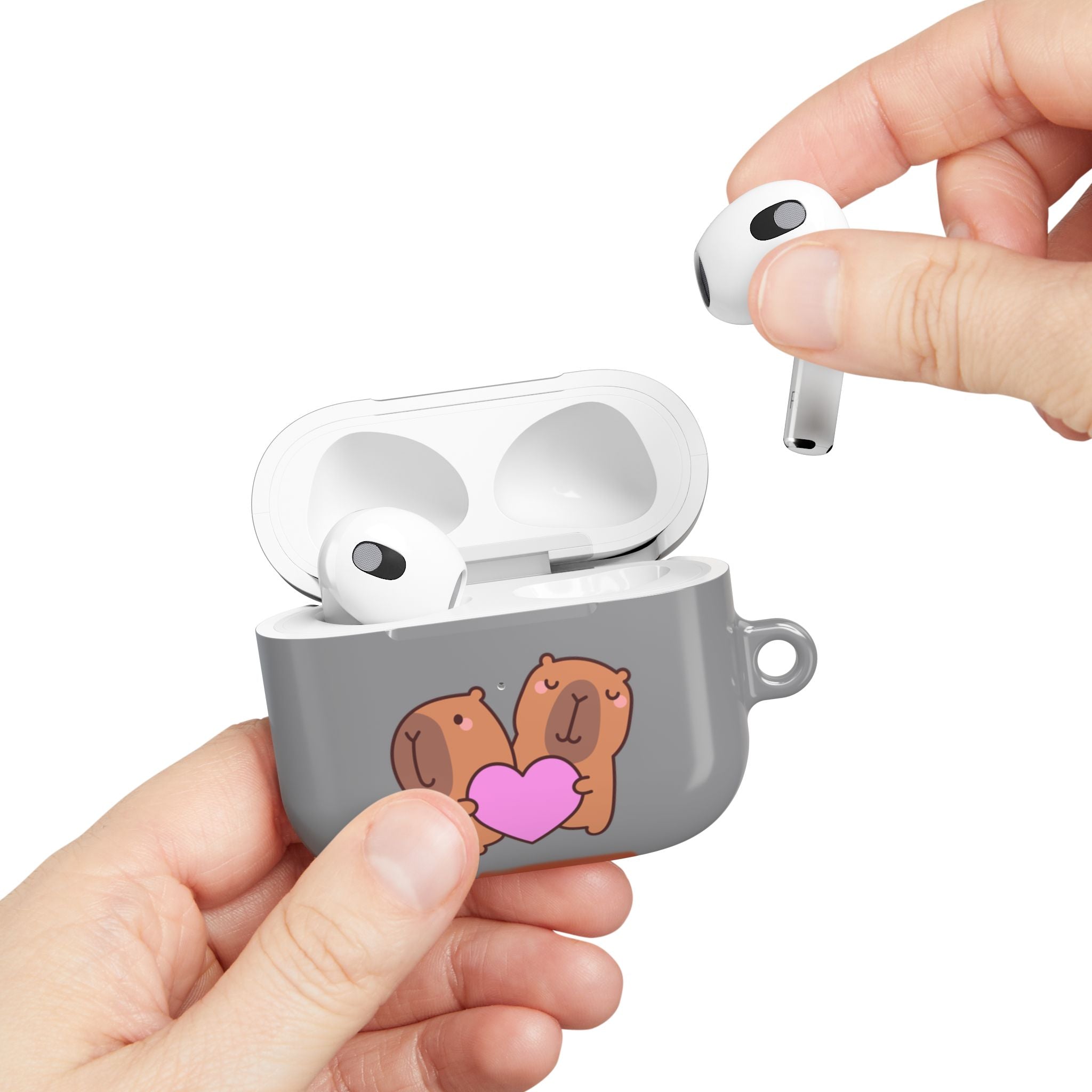 AirPods Case - Cute 'Je t'aime' Capybaras & Pink Heart / "Love Is Love"