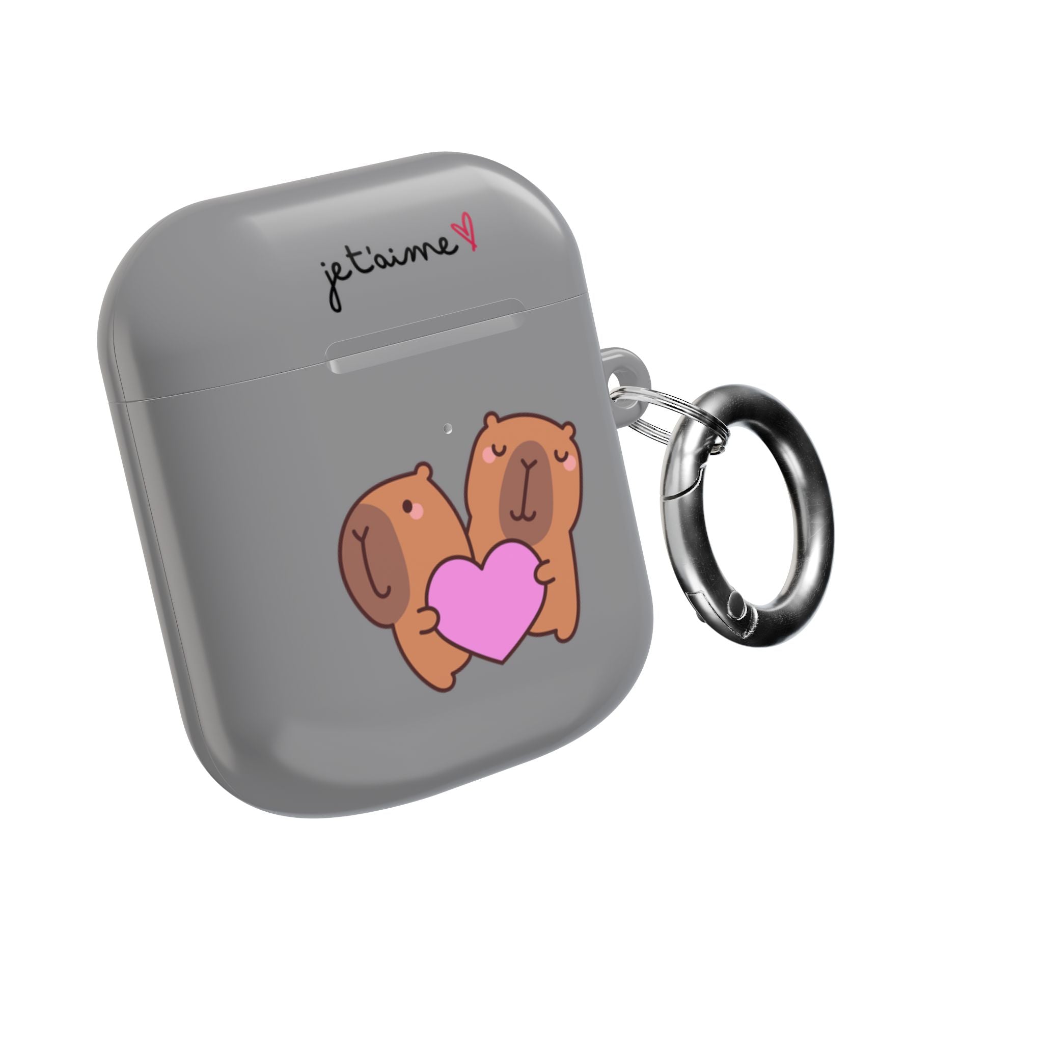 AirPods Case - Cute 'Je t'aime' Capybaras & Pink Heart / "Love Is Love"