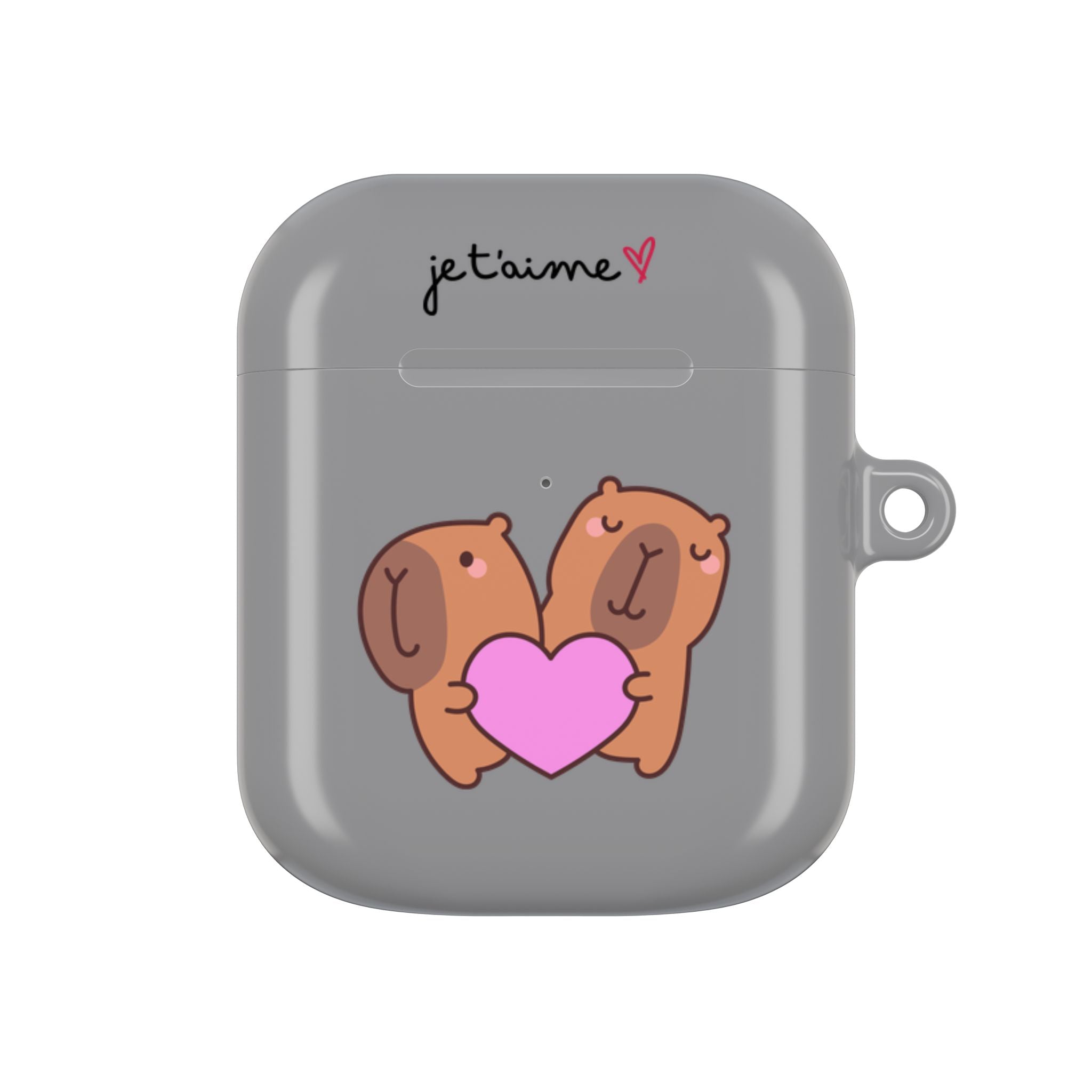 AirPods Case - Cute 'Je t'aime' Capybaras & Pink Heart / "Love Is Love"